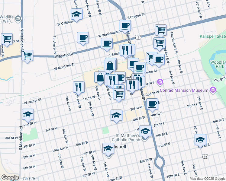 map of restaurants, bars, coffee shops, grocery stores, and more near 227 1st Street West in Kalispell