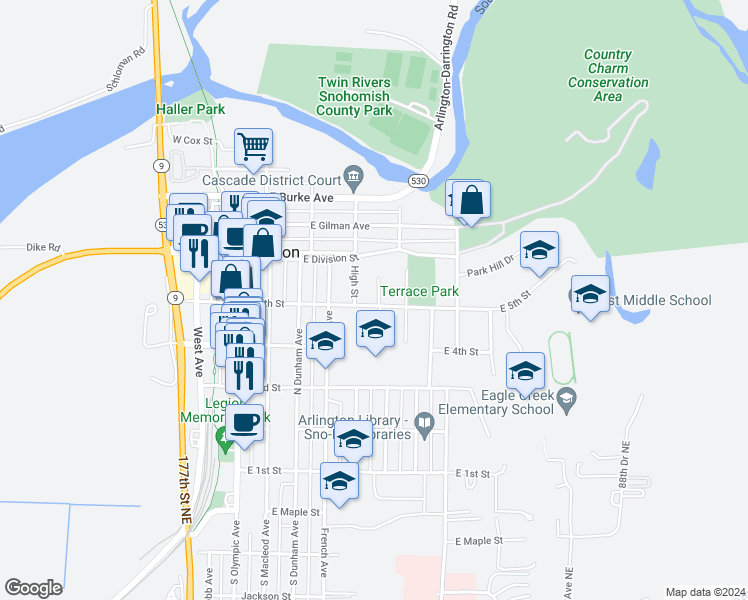 map of restaurants, bars, coffee shops, grocery stores, and more near 438 North Gifford Avenue in Arlington