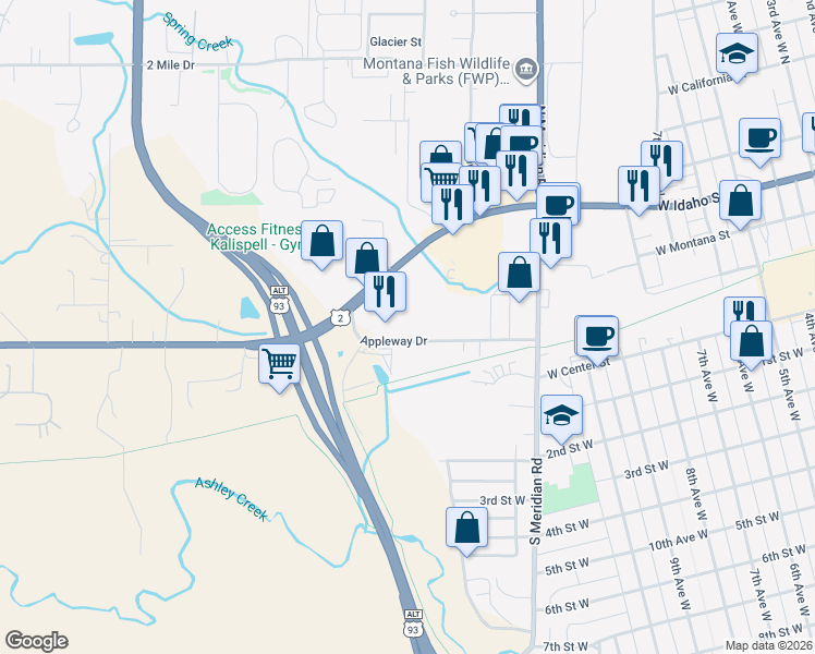 map of restaurants, bars, coffee shops, grocery stores, and more near 40 Appleway Drive in Kalispell