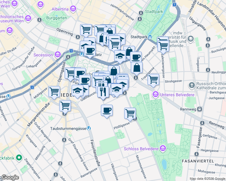 map of restaurants, bars, coffee shops, grocery stores, and more near 7 Schwindgasse in Vienna