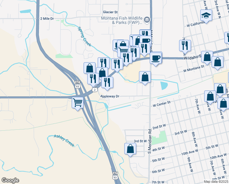 map of restaurants, bars, coffee shops, grocery stores, and more near 40 Appleway Drive in Kalispell