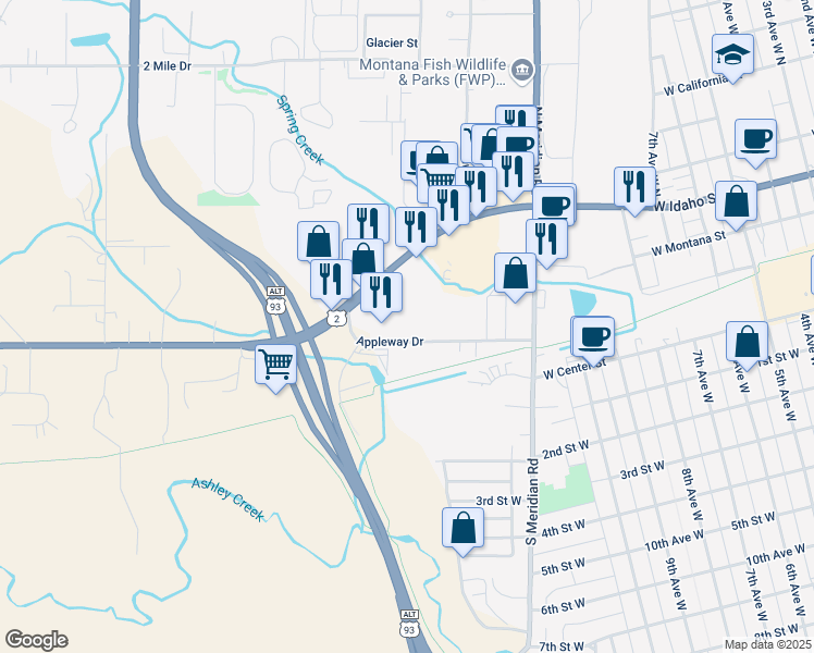 map of restaurants, bars, coffee shops, grocery stores, and more near 40 Appleway Drive in Kalispell