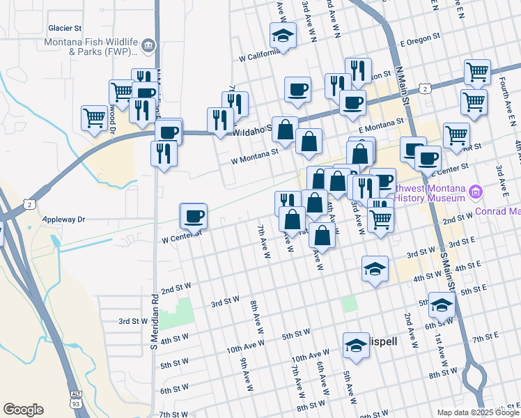 map of restaurants, bars, coffee shops, grocery stores, and more near 700-798 Railroad Street West in Kalispell