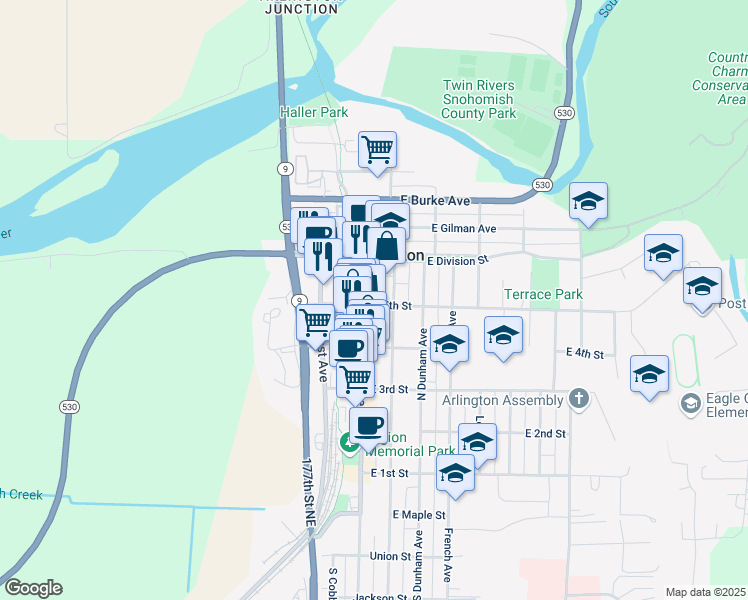 map of restaurants, bars, coffee shops, grocery stores, and more near in Arlington