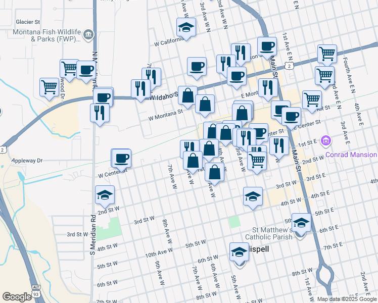 map of restaurants, bars, coffee shops, grocery stores, and more near 233 2nd Street West in Kalispell