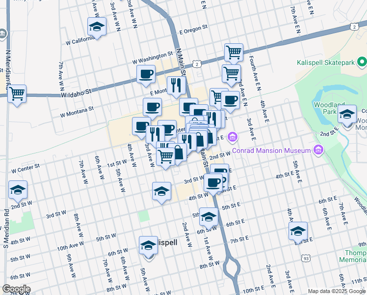 map of restaurants, bars, coffee shops, grocery stores, and more near 99 1st Avenue West in Kalispell