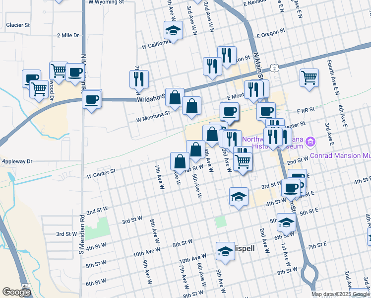 map of restaurants, bars, coffee shops, grocery stores, and more near 22 5th Avenue West in Kalispell