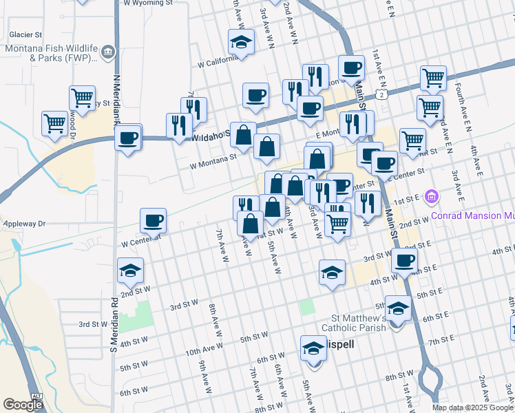 map of restaurants, bars, coffee shops, grocery stores, and more near 22 5th Avenue West in Kalispell
