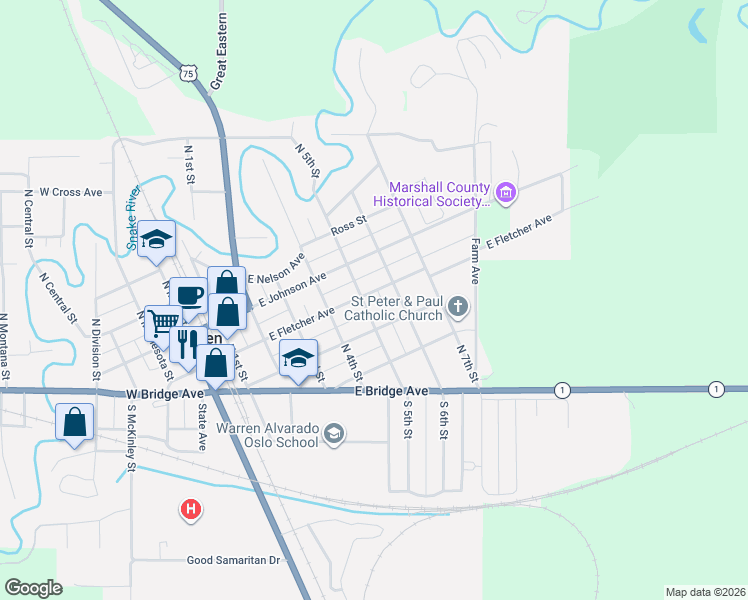 map of restaurants, bars, coffee shops, grocery stores, and more near 523 East Fletcher Avenue in Warren