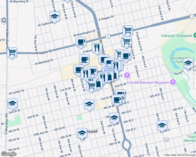 map of restaurants, bars, coffee shops, grocery stores, and more near 1-99 1st Ave W in Kalispell