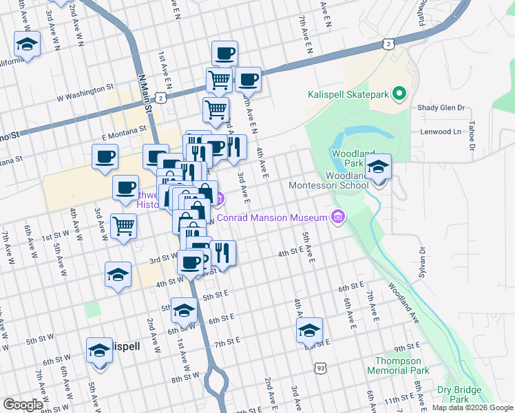 map of restaurants, bars, coffee shops, grocery stores, and more near 140 4th Avenue East in Kalispell