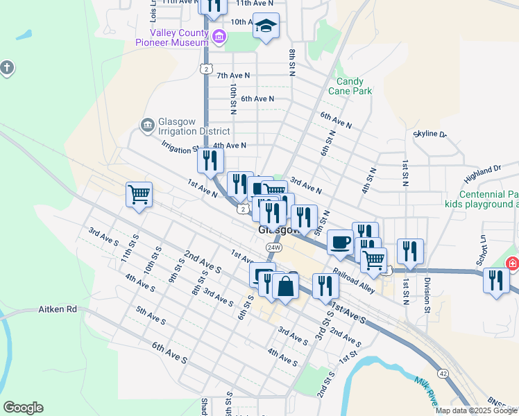 map of restaurants, bars, coffee shops, grocery stores, and more near 700 1st Avenue North in Glasgow