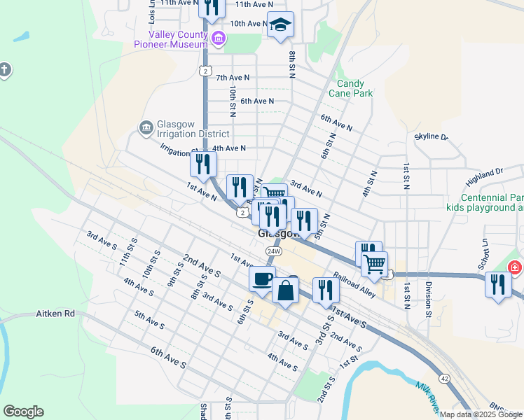 map of restaurants, bars, coffee shops, grocery stores, and more near 700 1st Ave N in Glasgow