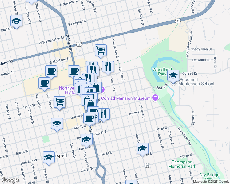 map of restaurants, bars, coffee shops, grocery stores, and more near 124 3rd Avenue East in Kalispell