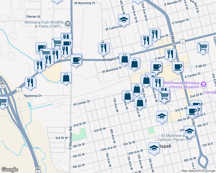 map of restaurants, bars, coffee shops, grocery stores, and more near 71 8th Avenue West N in Kalispell