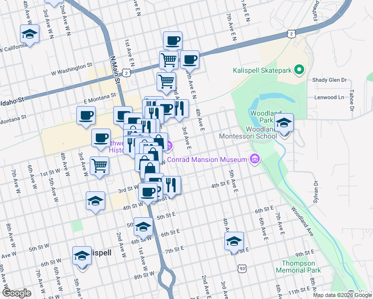 map of restaurants, bars, coffee shops, grocery stores, and more near 233 1st Avenue East in Kalispell