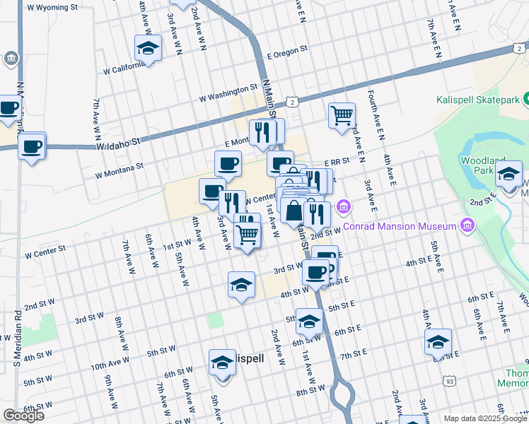 map of restaurants, bars, coffee shops, grocery stores, and more near 1-99 1st Ave W in Kalispell