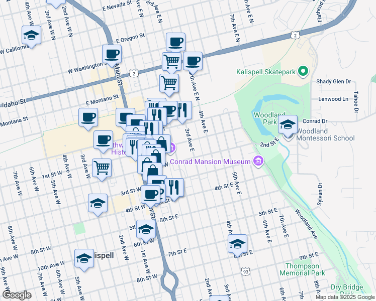 map of restaurants, bars, coffee shops, grocery stores, and more near 124 3rd Avenue East in Kalispell