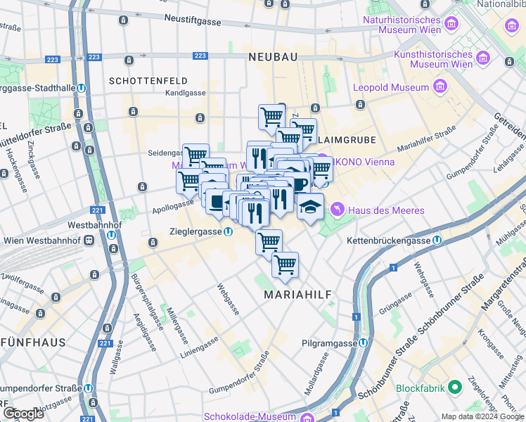 map of restaurants, bars, coffee shops, grocery stores, and more near 78-80 Mariahilfer Straße in Wien