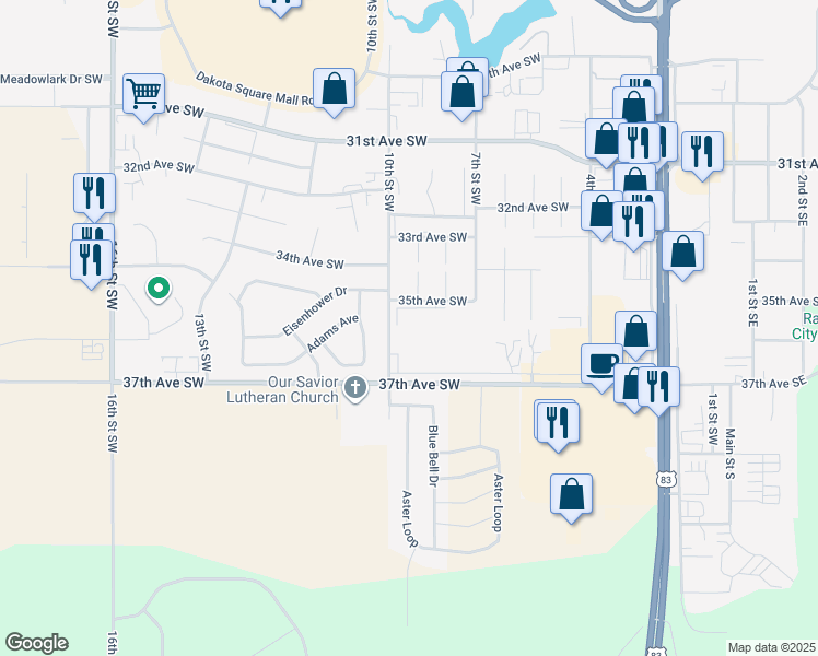 map of restaurants, bars, coffee shops, grocery stores, and more near 904 35th Avenue Southwest in Minot