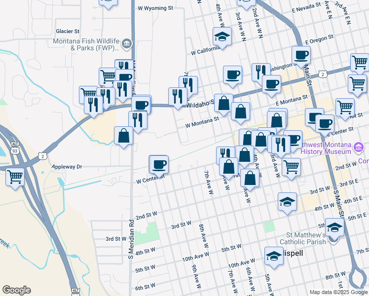 map of restaurants, bars, coffee shops, grocery stores, and more near 71 8th Avenue West North in Kalispell