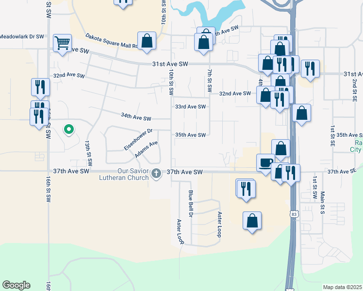 map of restaurants, bars, coffee shops, grocery stores, and more near 3515 10th Street Southwest in Minot