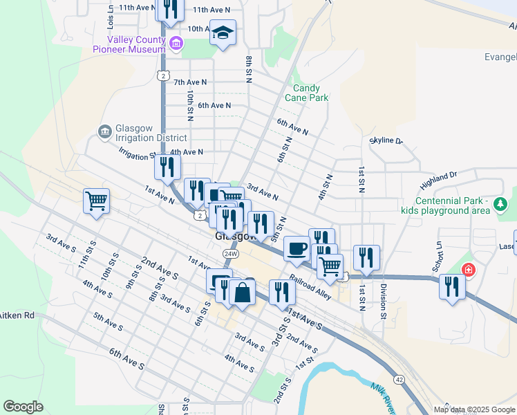 map of restaurants, bars, coffee shops, grocery stores, and more near 540 2nd Avenue North in Glasgow
