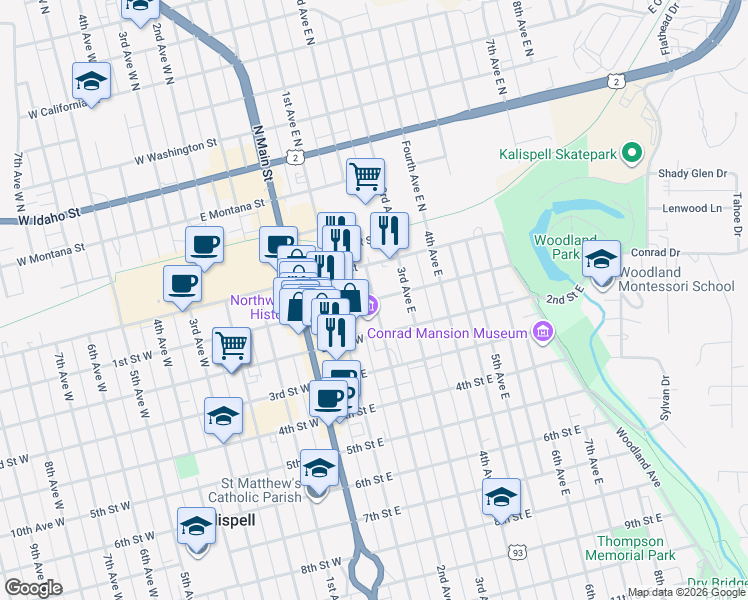 map of restaurants, bars, coffee shops, grocery stores, and more near 100 2nd Avenue East in Kalispell