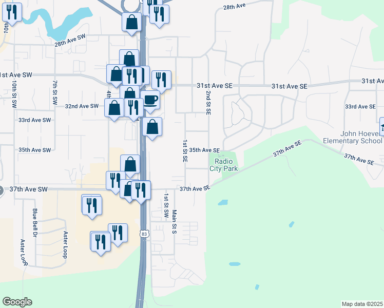 map of restaurants, bars, coffee shops, grocery stores, and more near 106 35th Avenue Southeast in Minot