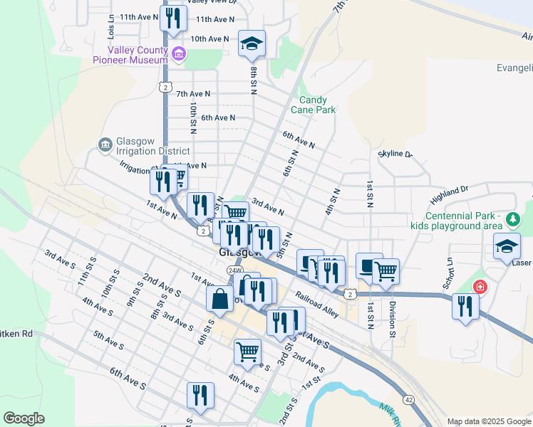 map of restaurants, bars, coffee shops, grocery stores, and more near 540 2nd Avenue North in Glasgow