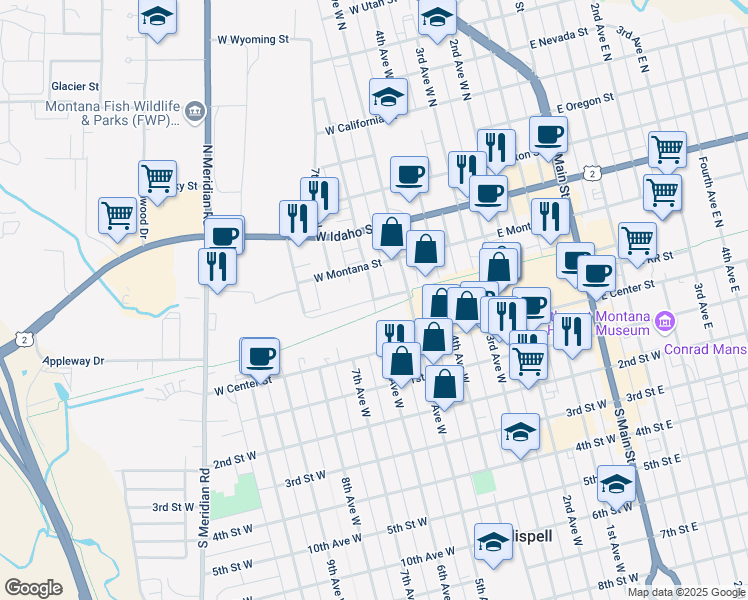 map of restaurants, bars, coffee shops, grocery stores, and more near 700 Railroad Street West in Kalispell