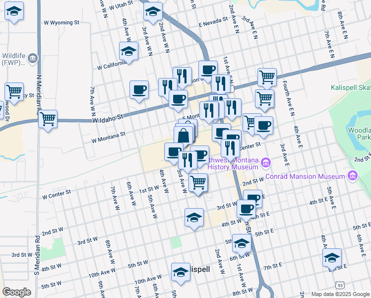 map of restaurants, bars, coffee shops, grocery stores, and more near 20 North Main Street in Kalispell