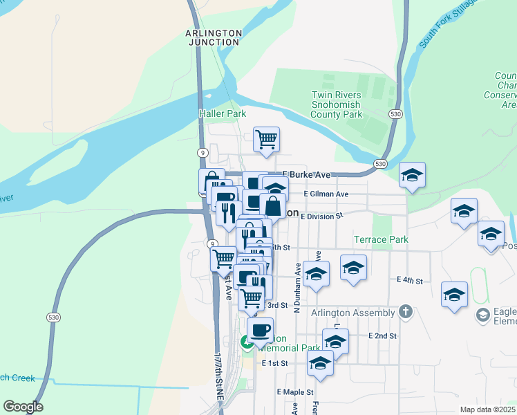 map of restaurants, bars, coffee shops, grocery stores, and more near 117 East Division Street in Arlington