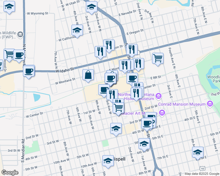 map of restaurants, bars, coffee shops, grocery stores, and more near 20 North Main Street in Kalispell