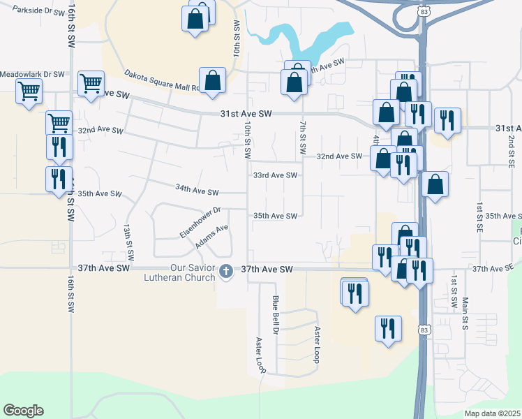 map of restaurants, bars, coffee shops, grocery stores, and more near 904 35th Avenue Southwest in Minot