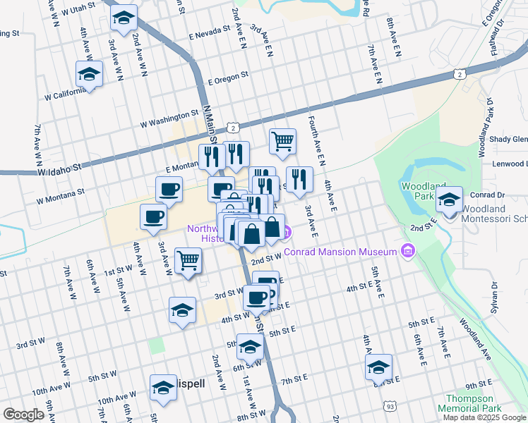 map of restaurants, bars, coffee shops, grocery stores, and more near 7 1st Avenue East in Kalispell