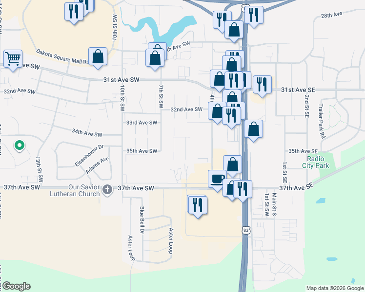 map of restaurants, bars, coffee shops, grocery stores, and more near 401-699 33rd Avenue Southwest in Minot
