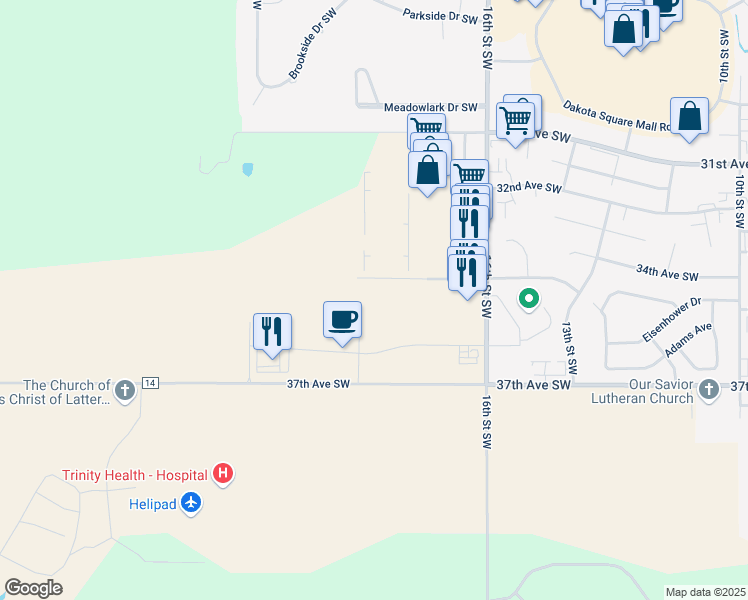 map of restaurants, bars, coffee shops, grocery stores, and more near 1919 35th Avenue Southwest in Minot
