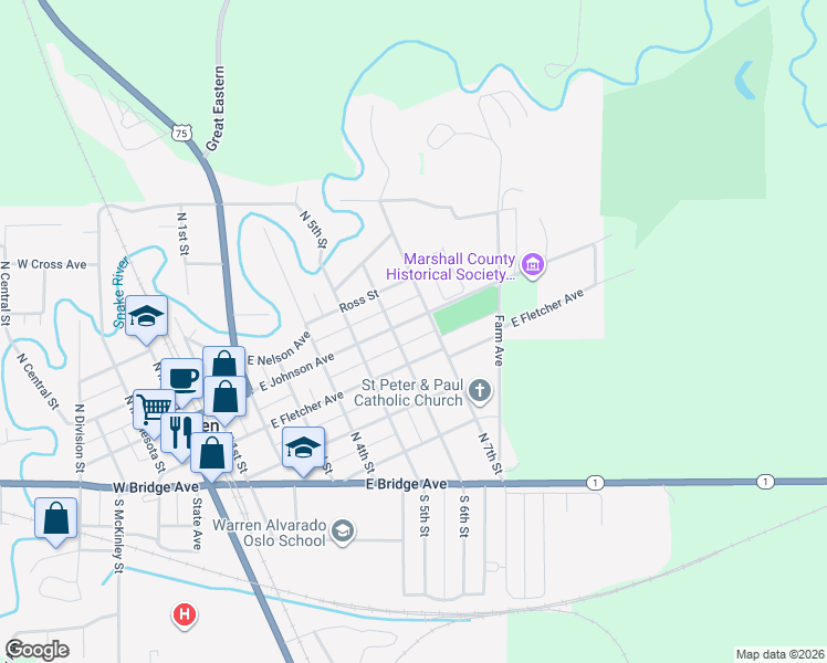 map of restaurants, bars, coffee shops, grocery stores, and more near 499 North 7th Street in Warren