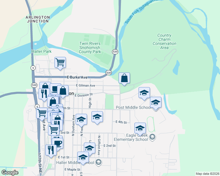 map of restaurants, bars, coffee shops, grocery stores, and more near 521 East Gilman Avenue in Arlington