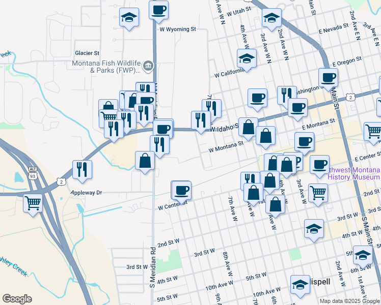 map of restaurants, bars, coffee shops, grocery stores, and more near 160 8th Avenue West North in Kalispell