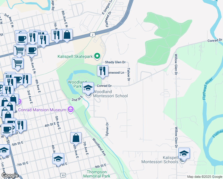 map of restaurants, bars, coffee shops, grocery stores, and more near 520 Conrad Drive in Kalispell