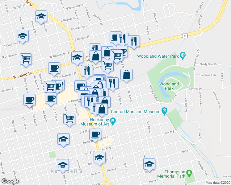 map of restaurants, bars, coffee shops, grocery stores, and more near 2 3rd Avenue East in Kalispell