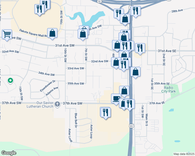 map of restaurants, bars, coffee shops, grocery stores, and more near 401-699 33rd Avenue Southwest in Minot