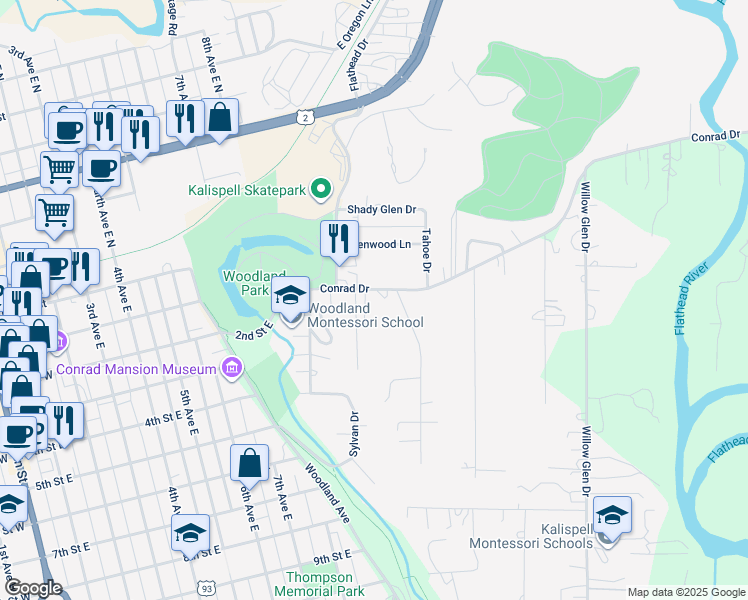 map of restaurants, bars, coffee shops, grocery stores, and more near 520-534 Conrad Drive in Kalispell