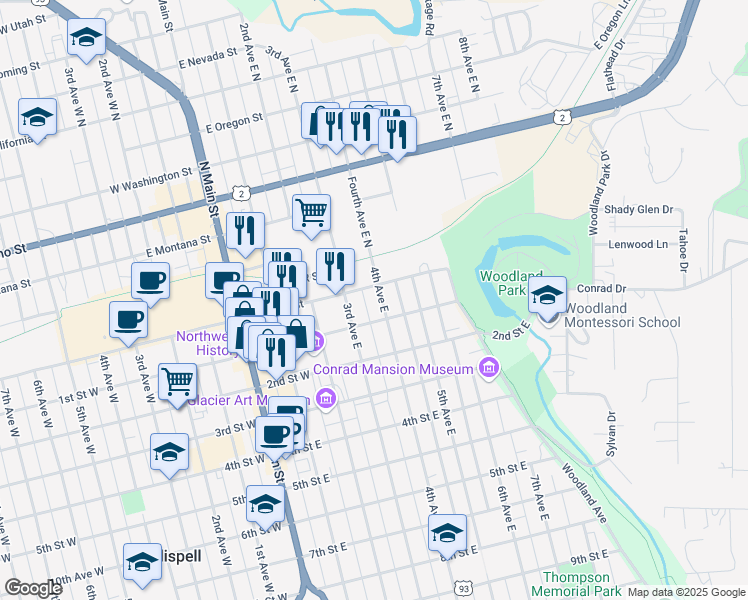 map of restaurants, bars, coffee shops, grocery stores, and more near 3 4th Avenue East in Kalispell