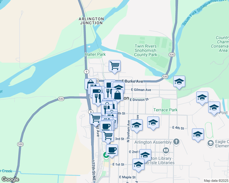 map of restaurants, bars, coffee shops, grocery stores, and more near 117 East Division Street in Arlington