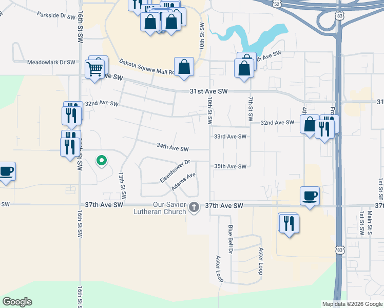 map of restaurants, bars, coffee shops, grocery stores, and more near 1103 34th Avenue Southwest in Minot