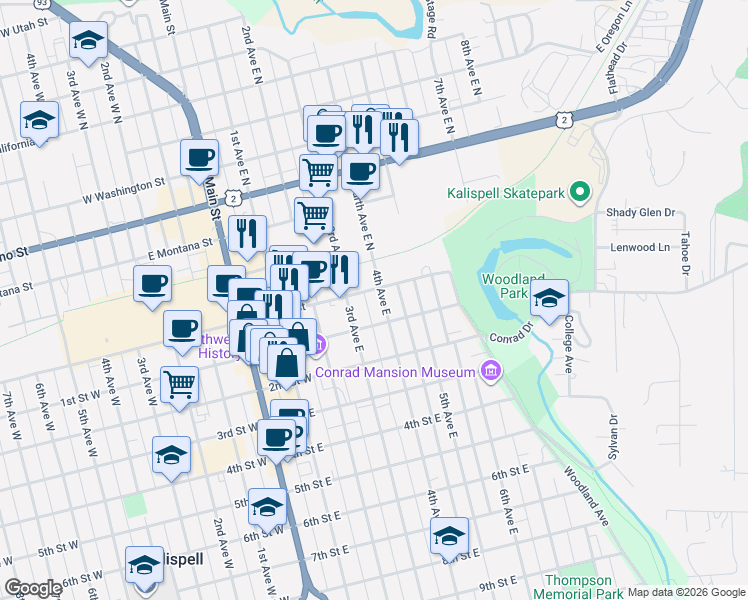 map of restaurants, bars, coffee shops, grocery stores, and more near 3 4th Avenue East in Kalispell