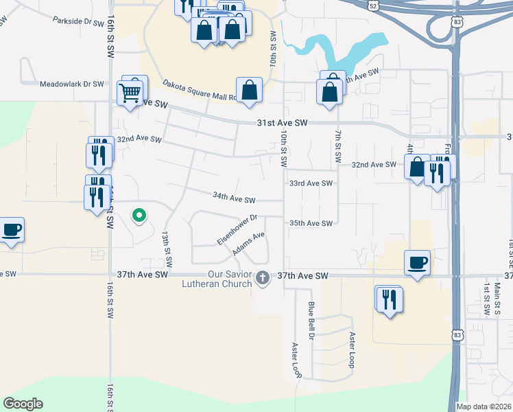 map of restaurants, bars, coffee shops, grocery stores, and more near 1103 34th Avenue Southwest in Minot